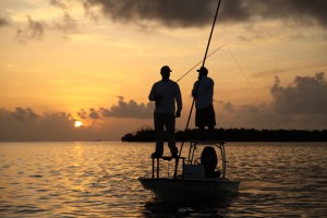 Fly fishing for tarpon in the early morning off the Florida Keys.